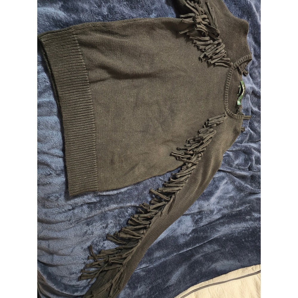 Lauren Ralph Lauren Denim Green Fringe Knit Western Sweater Womens Medium VTG
